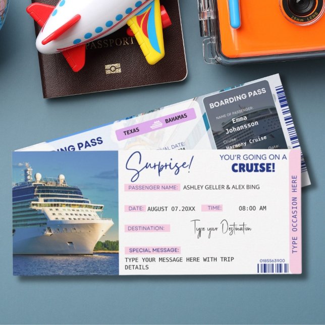 Cartão de Embarque Surpresa de Passagem de Cruzeir (Cruise Surprise Boarding Pass | Cruise Vacation Editable Cruise Ticket Template )
