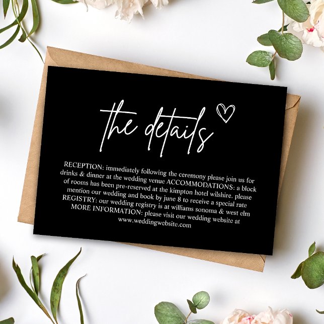 Cartão de Enclausuramento de Casamento com Letra M (Black handwritten script enclosure card shares wedding details with bold, elegant charm.)
