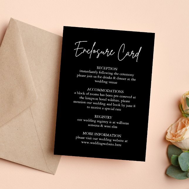 Cartão de Enclosure de Casamento Preto com Letra M (Handwritten script black enclosure card shares wedding details with bold, elegant style.)