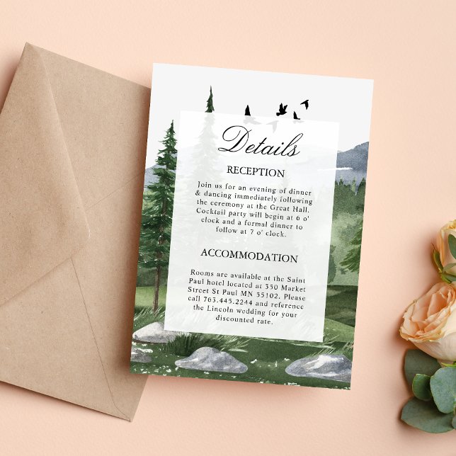 Cartão de Envio de Casamento Temático de Floresta  (Pine forest enclosure card shares details with a calm, nature-inspired wedding touch.)