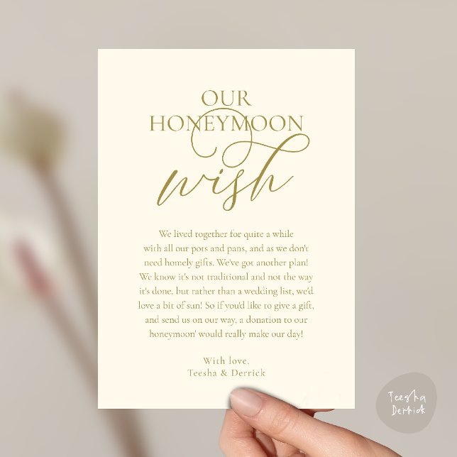 Cartão de Envio de Fundo de Desejo de Lua de Mel E (Elegant Script Honeymoon Wish Cash Fund Enclosed Invitation Card in Yellow Gold)