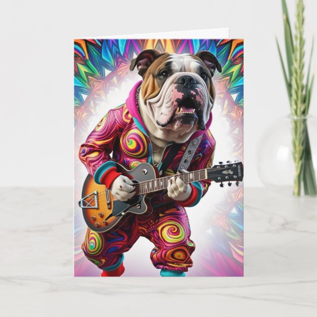 Cartão de Estrela do Rock Bulldog Engraçado (Frente)