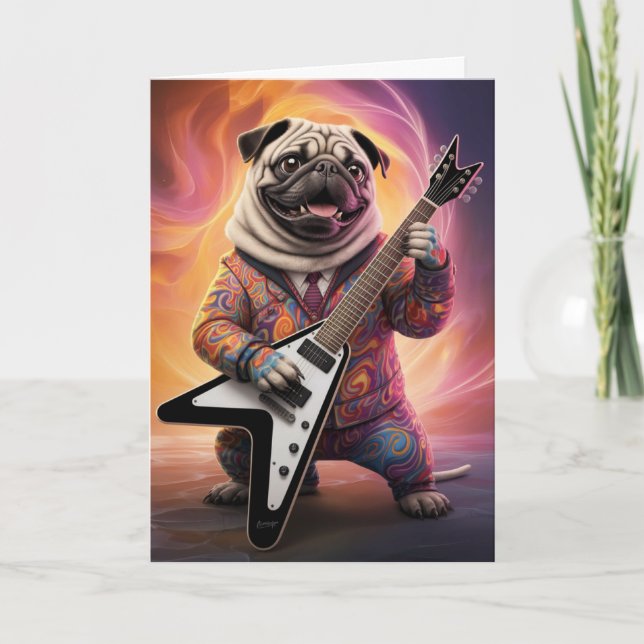 Cartão de Estrela do Rock Pug Fofo (Frente)