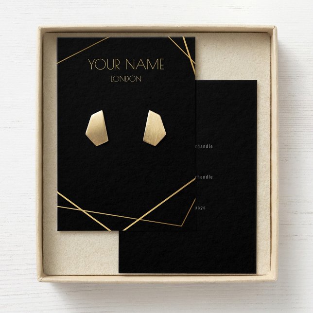 Cartão de exibição geométrico Dourado com ícones s (Gold geometric display card with social icons.)