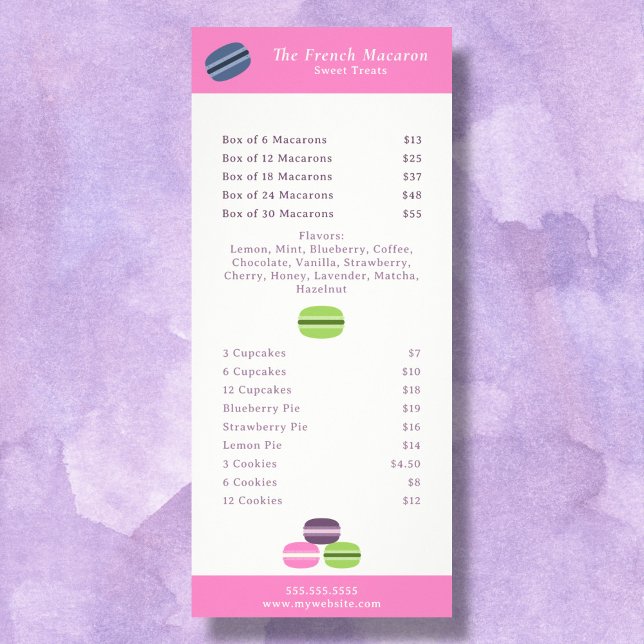 Cartão de Exposição de Cardápio e Preços de Macaro (French Macaron Menu & Price List Rack Card)