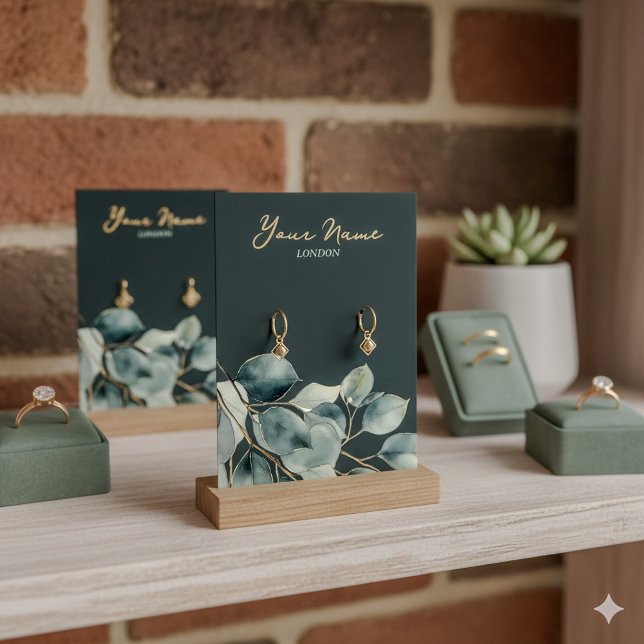 Cartão de expositor bonito de folheto Eucalyptus (Elegant earring display card with gold script, watercolor eucalyptus. Modern jewelry presentation.)