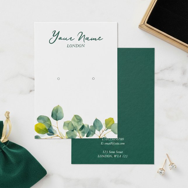 Cartão de expositor verde de folheto Eucalyptus (Eucalyptus branch green leafy earring display card.)