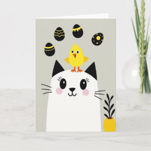 Cartão de Felino Amigável e Pássaro Feliz