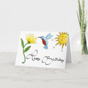 Cartão de Feliz Aniversário com Beija-flor e Flor