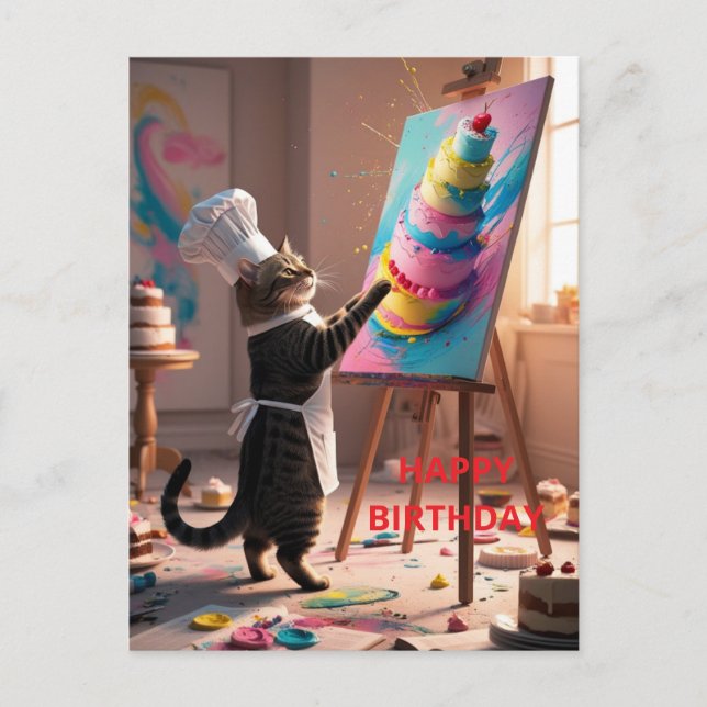 Cartão de Feliz Aniversário com Bolo de Gato Engra (Frente)