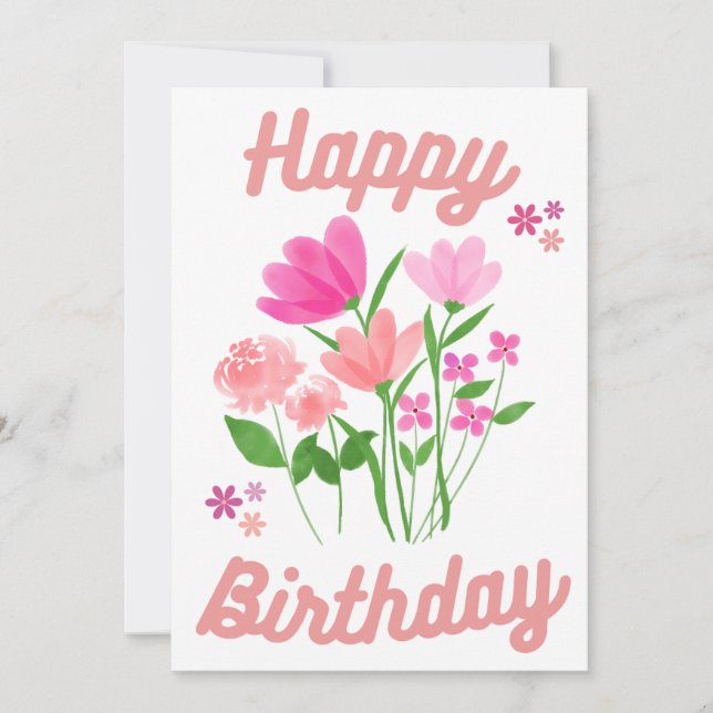 Cartão de Feliz Aniversário com flores cor-de-rosa (Frente)