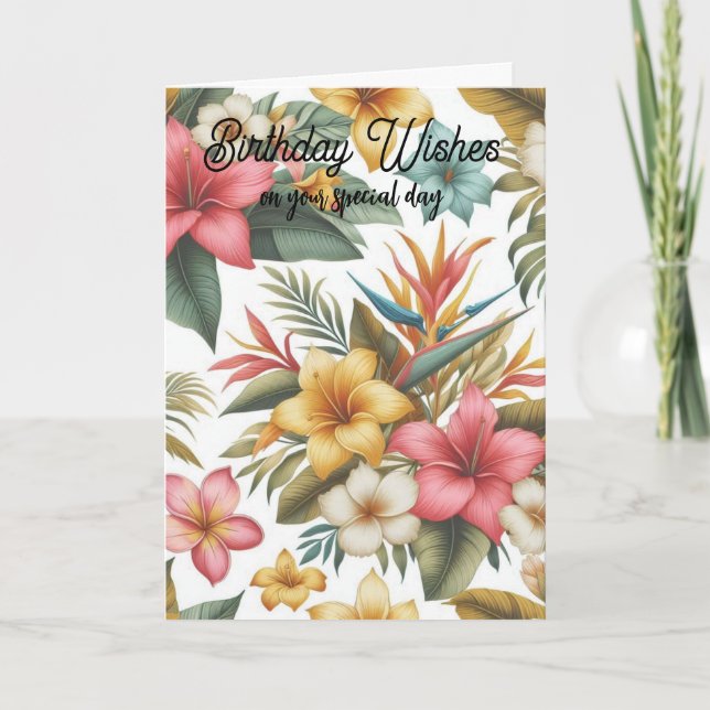 Cartão de Feliz Aniversário com Flores Tropicais (Frente)