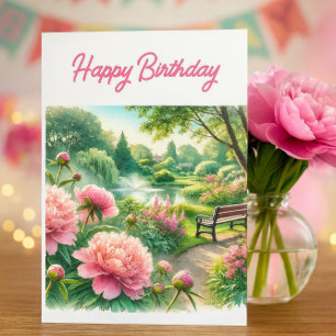 Cartão de Feliz Aniversário com Peônias Rosas no P