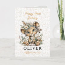 Cartão de Feliz Aniversário Floral Leão Fofo
