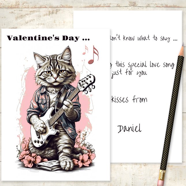 Cartão de Feliz dia de os namorados Musical Cat Lo (A romantic Valentine's Day card featuring a cute kitty singing love songs while playing guitar)