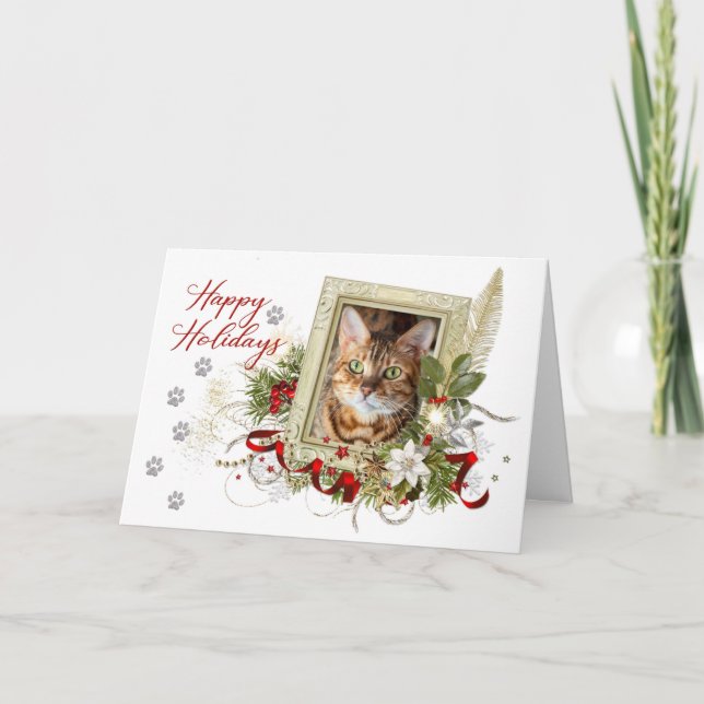 Cartão de Feliz Férias com Gato e Desenho de Pegad (Frente)