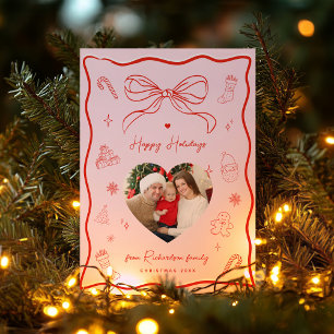 Cartão de Feliz Natal com Foto e Laço Retro Rosa e