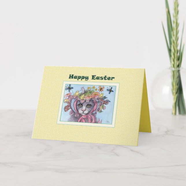Cartão de felz pascoa, gato numa tampa de Páscoa (Frente)