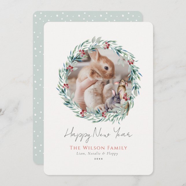 Cartão de Feriado de Ano Novo Greenery Wreath (Frente/Verso)