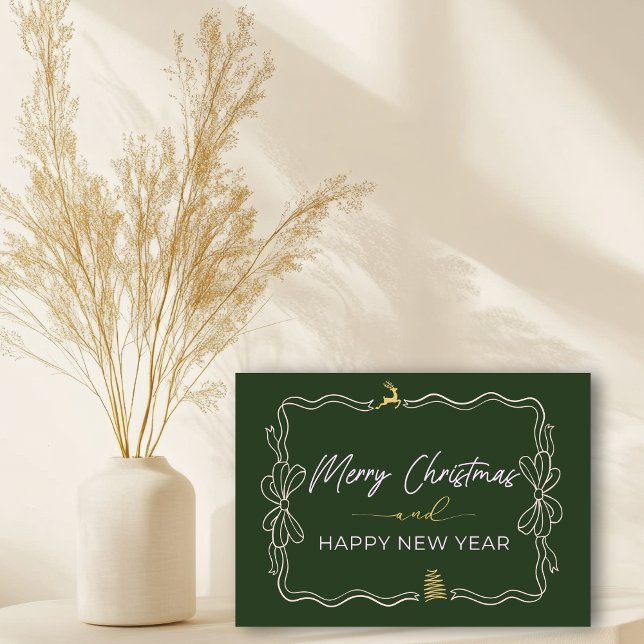 Cartão de Feriado de Arco Verde e Portas de Árvore (Green Bow & Trees Doodles Holiday Folded Card)