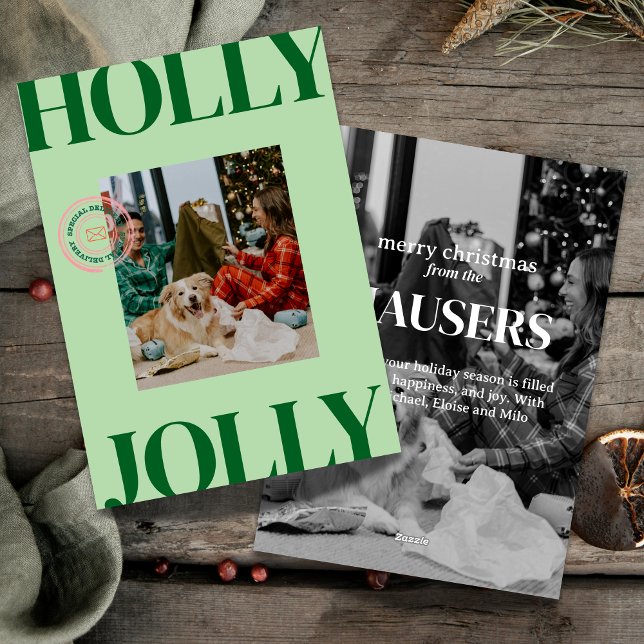Cartão de Feriado de Carimbo de Carimbo de Foto da (Celebrate the season in bold style with this playful “Holly Jolly” photo card.)
