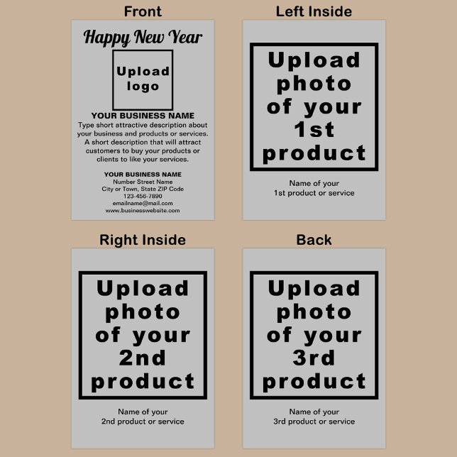 Cartão de Feriado de Cinza de Ano Novo da Empresa (Gray folded holiday card for New Year with your business brand and products or services.)