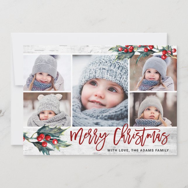 Cartão de Feriado de Colagem de Natal Holly 5 FOTO (Frente)
