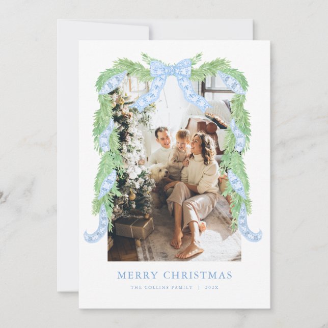 Cartão de Feriado de Foto Garland de Natal azul (Frente)