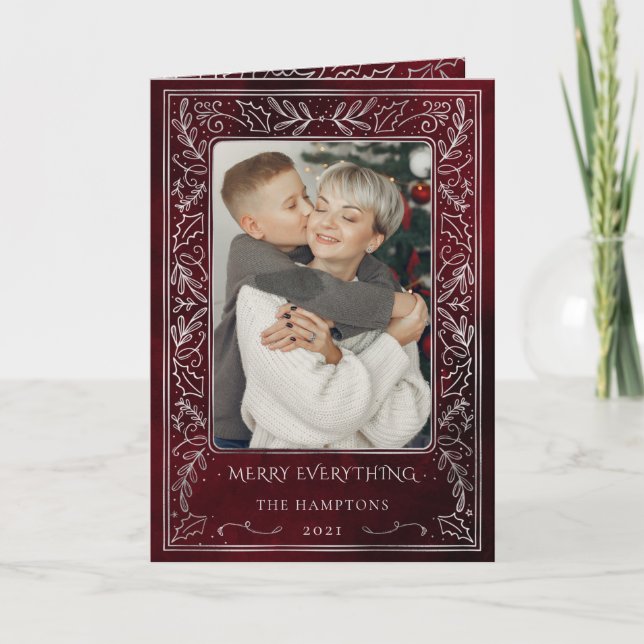 Cartão de Feriado de Foto Holly Berry Pine Red Sil (Frente)