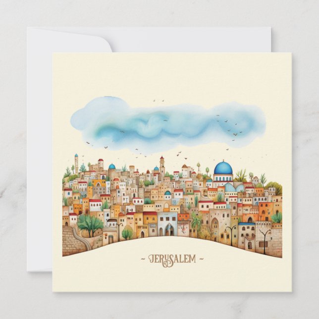 Cartão de Feriado de Ilustração Cityscape Jerusalé (Frente)