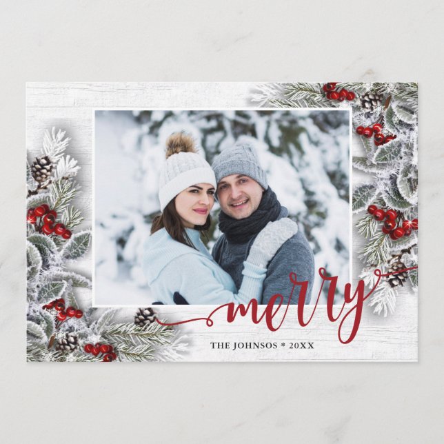 Cartão de Feriado de Natal Holly Pine Rustic (Frente)
