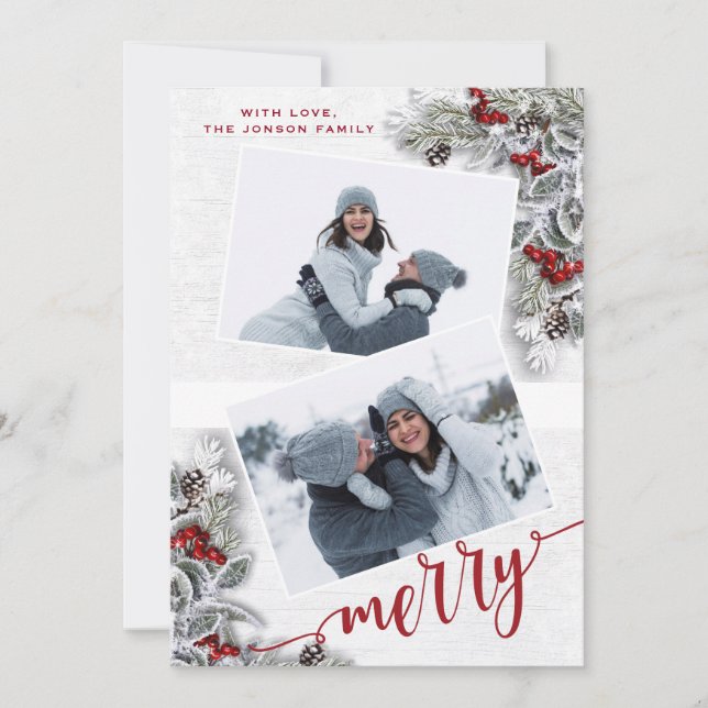 Cartão de Feriado de Natal Holly Pine Rustic (Frente)