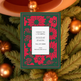 Cartão de Feriado de Vintage Floral Verde Vermelho