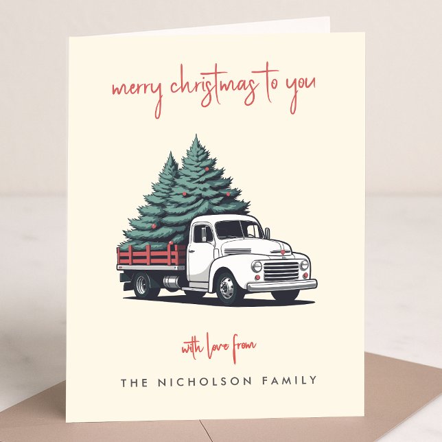 Cartão de Feriado Dobrável | Caminhão de Entrega d (A vintage inspired delivery truck folded holiday card design with retro festive flair)