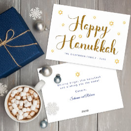 Cartão de Feriado Dourado de Script Feliz Hanukkah