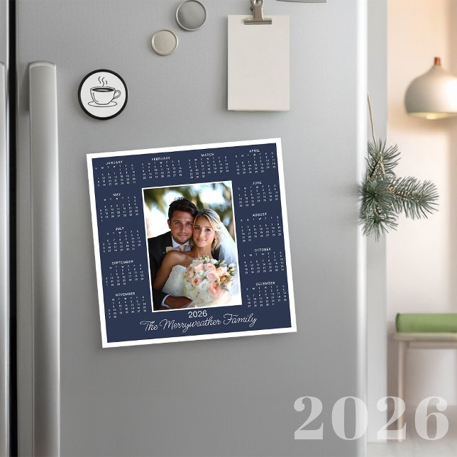 Cartão de Feriado Magnético de Foto Azul 2026 (2026 Navy Blue Photo Magnetic Calendar Holiday Card)