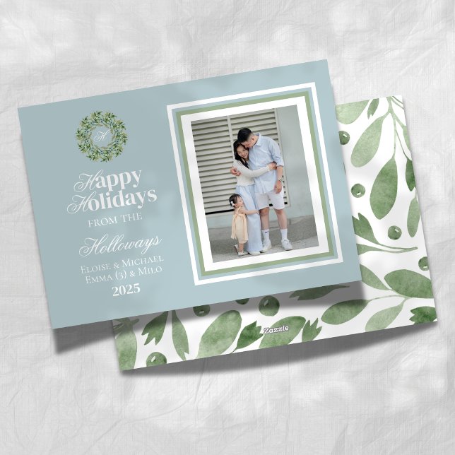 Cartão de Feriado Plano de Foto do Script do Water (Celebrate the holiday season with this elegant blue and green holiday card!)