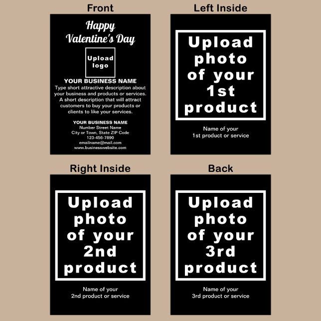 Cartão de Feriado Preto de Namorados Comercial (Black folded holiday card for Valentine with your business brand and products or services.)