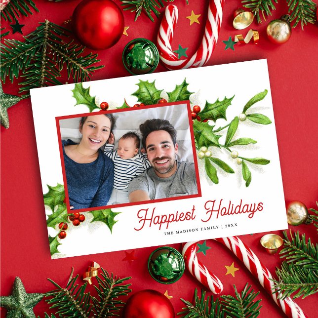 Cartão de Feriado Vintage Holly Mistletoe Photo (Criador carregado)