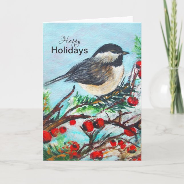 Cartão de Feriados Felizes de Inverno Chickadee (Frente)