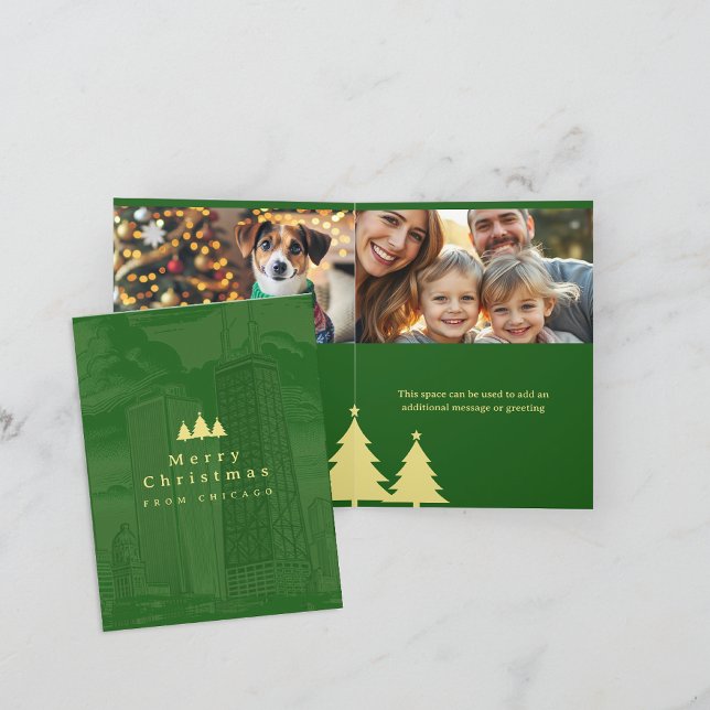 Cartão de Férias Aberto de Foto Verde Feliz Natal (Merry Christmas Green Photo Folded Holiday Card)