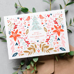 Cartão de Férias Bonito de Natal Floral<br><div class="desc">Cartão Floral de Natal Bonito. Cor vermelha,  branca,  rosa mint e pastel,  brilhante e feliz. árvores de natal aves,  corações,  bagas,  estrelas. Feliz e festivo com detalhes bonitos!</div>