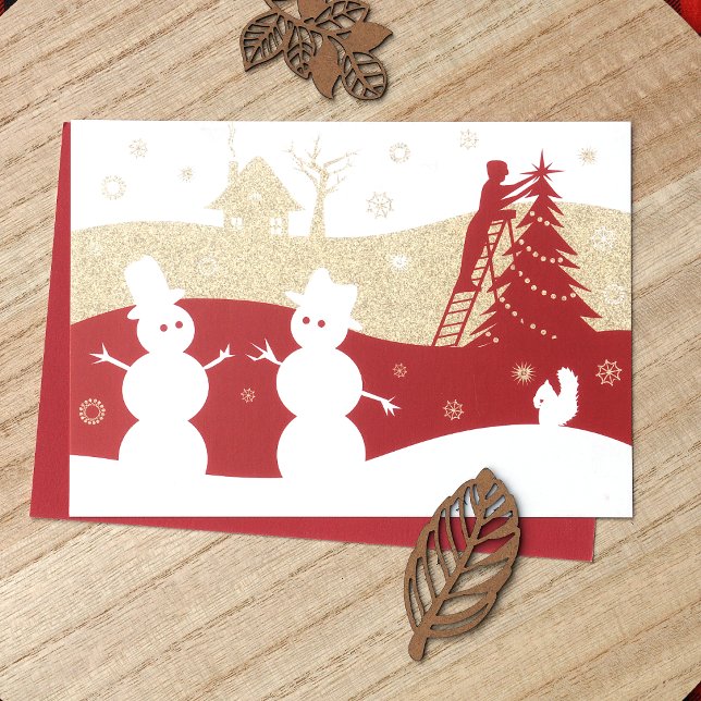 Cartão de Férias Burgundy e Dourado Snowmen (Rustic Burgundy, Red, Gold Company Holiday Christmas Cards, Snow Village Snowmen)