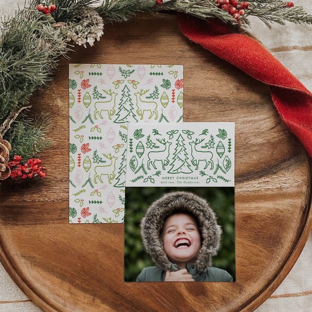 Cartão de Férias com Foto de Padrão Escandinavo Ve (Green Scandinavian Pattern Christmas Photo Holiday Card)