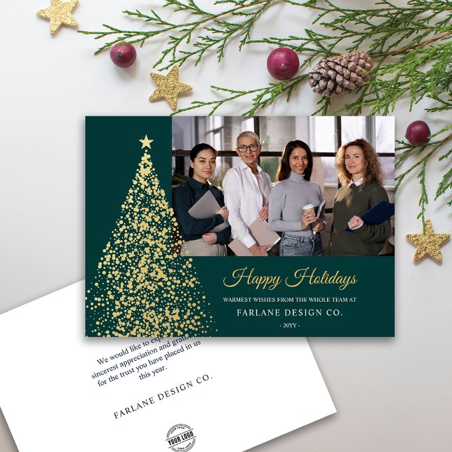 Cartão de Férias Comerciais da Árvore de Natal Dou (Custom Photo Gold Christmas Tree Business Holiday Card)