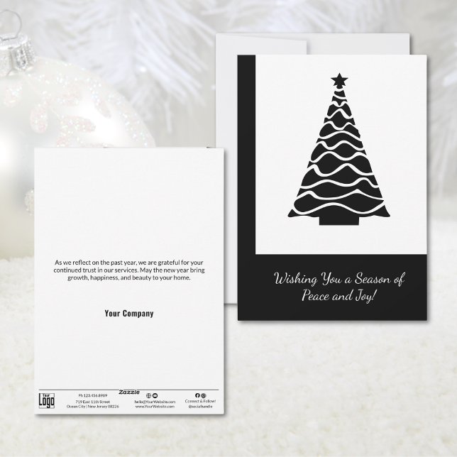 Cartão de Férias Comerciais da Árvore de Natal min (Minimalist Christmas Tree Business Holiday Card, Black and White)