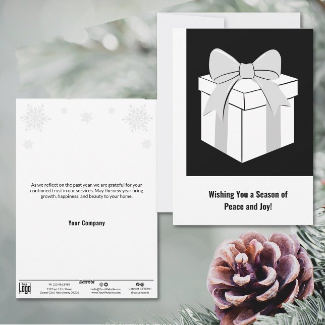 Cartão de Férias Comerciais de Natal Presente Mini (Minimalist Christmas Present Business Holiday Card in Black, White & Grey)
