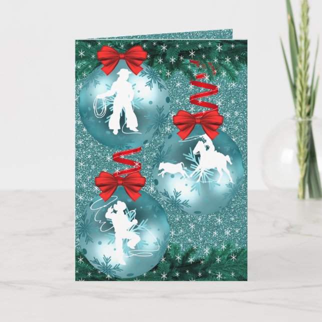 Cartão de Férias Cowboys e Cowgirls laçando no Azu (Frente)