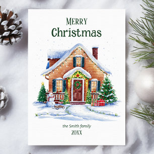 Cartão de Férias da Casa de Natal Cozy Watercolor