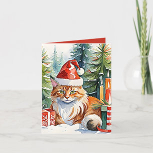 Cartão de Férias da Cena de Natal Cozy Maine Coon